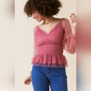 Francesca's Shelley Tulle Smock Peplum Blouse dusty rose size Small